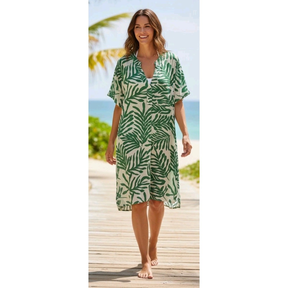 Green & White Palm-Print Swimsuit Coverup Pullover Relaxed Resortwear L H&M